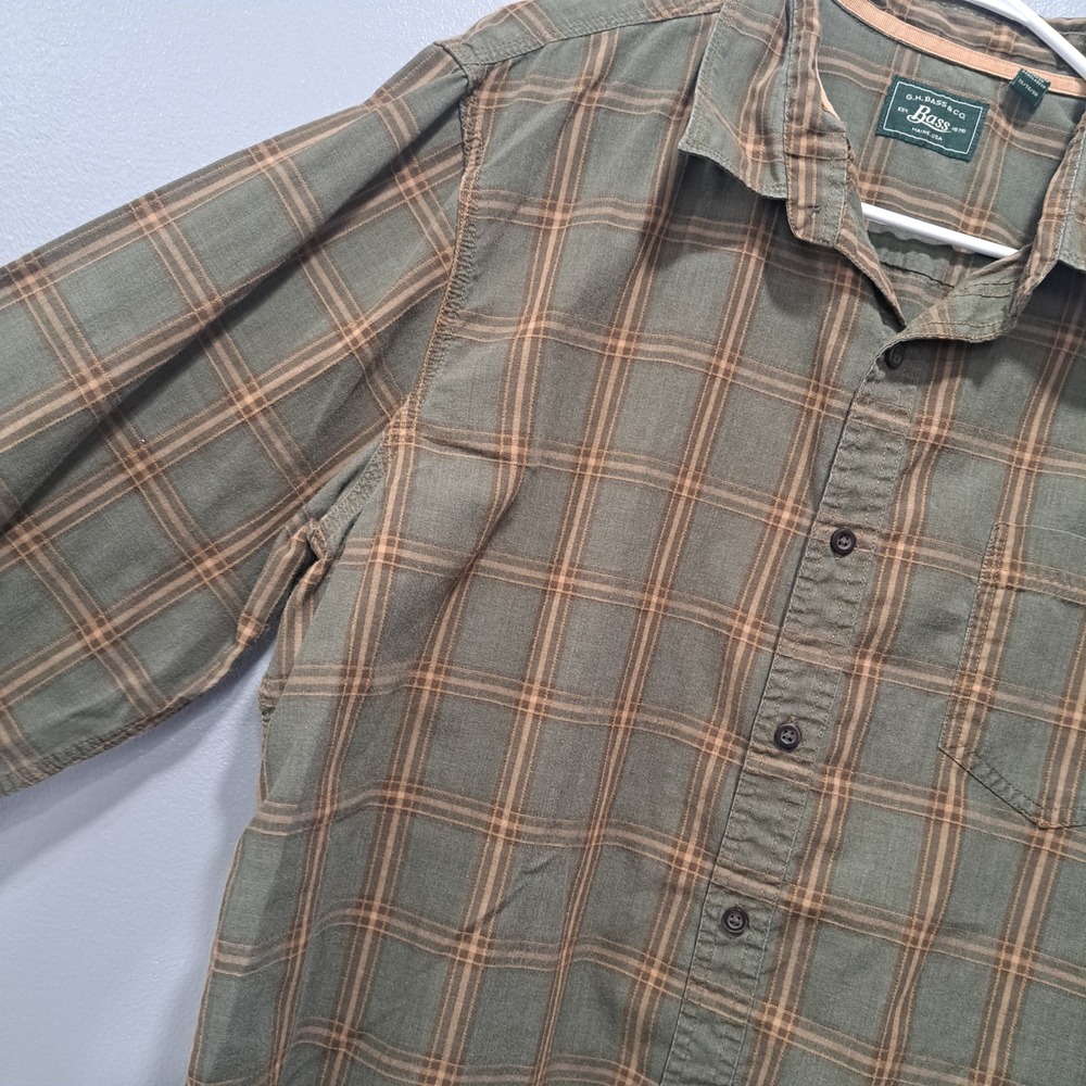 GH Bass Mens XL Plaid Button Down Shirt Olive Green Tan Long Sleeve Cotton Blend - Picture 4 of 6